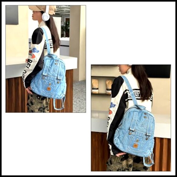 Vintage Y2K Grunge Denim Backpack Lightweight Canvas Daypack Travel Purse